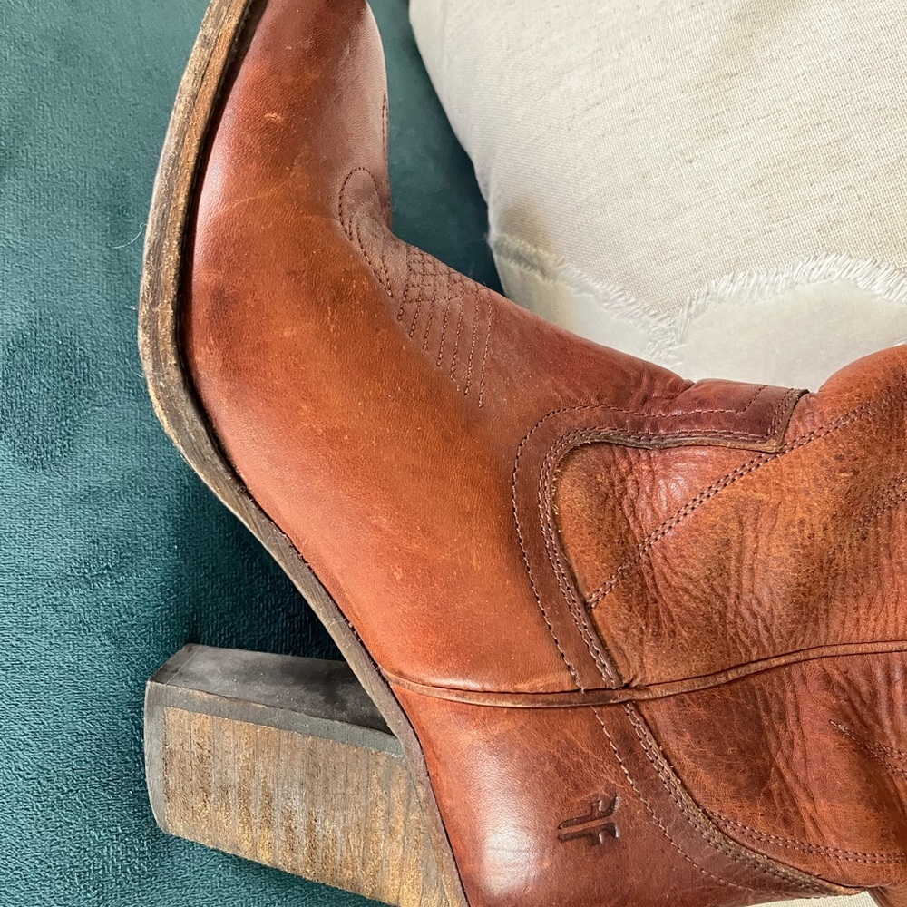 Frye Chestnut Brown Leather Western High-Heel Boots - Picture 3 of 11